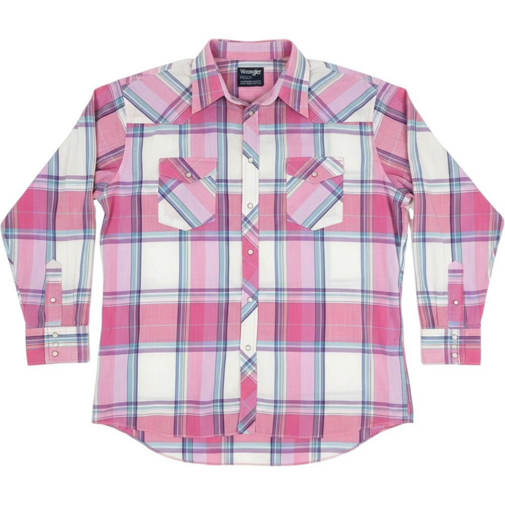 Wrangler Cowboy Cut Mens XL‎ Pink Plaid Pearl Snap Western Shirt Long Sleeve